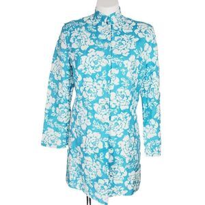 Julian Jones linen blend floral mock neck Long blazer jacket aqua white Size 4